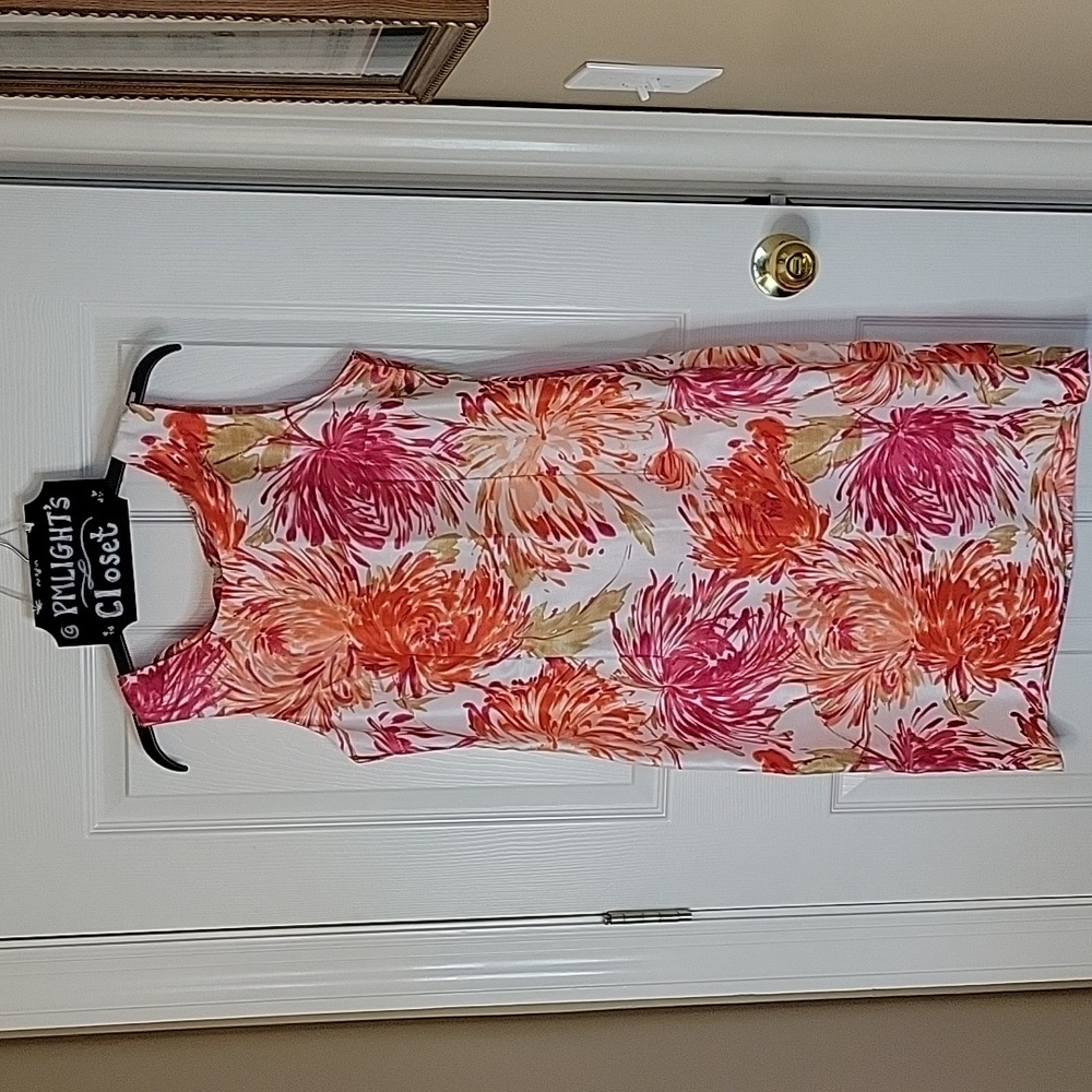 Studio One Dress 12 Sleeveless White Red Orange Pink Tan Leaves
